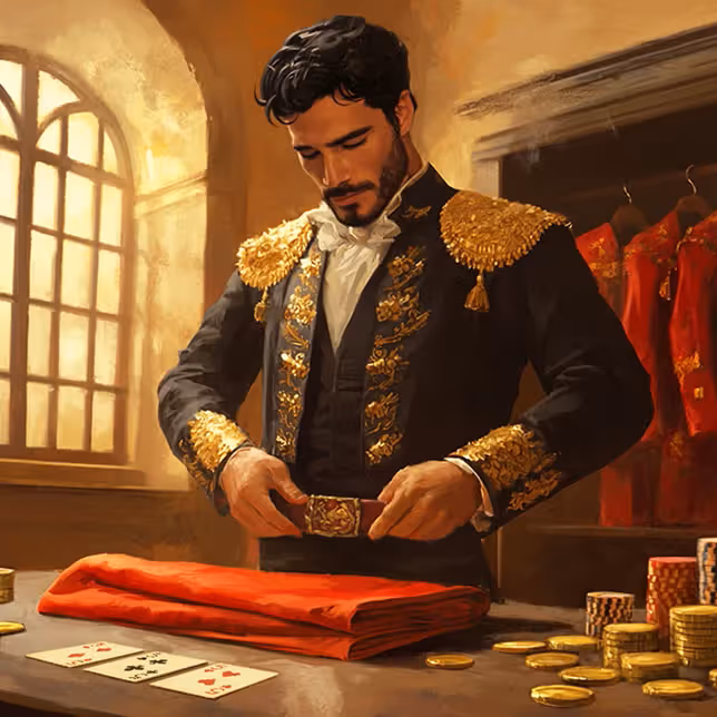 Ένας κομψός παίκτης τακτοποιεί τις μάρκες του καζίνο πάνω σε ένα τραπέζι, περιτριγυρισμένος από χρυσά νομίσματα και ένα πολυτελές κόκκινο τραπεζομάντιλο στο Casinia Casino.