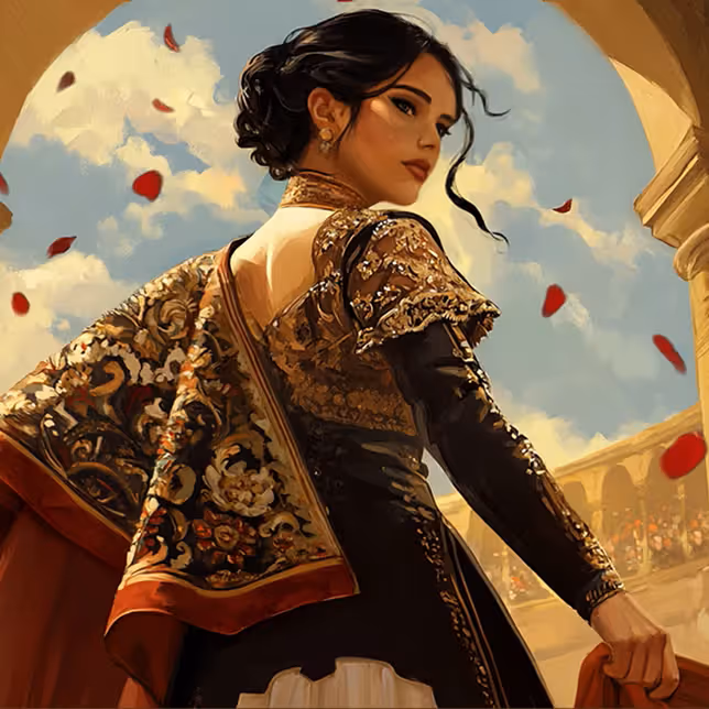 Κομψή γυναίκα ντυμένη με χρυσή στολή ταυρομάχου, στέκεται σε μια αρένα κάτω από γαλάζιο ουρανό γεμάτο ροδοπέταλα.