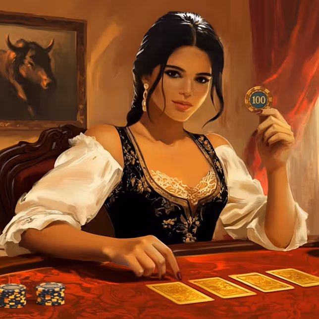 Μια χαμογελαστή παίκτρια κρατά ένα νικηφόρο μάρκο στο τραπέζι παιχνιδιού του Casinia Casino, σε μια ζεστή ατμόσφαιρα.